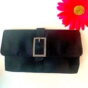 Jennifer Moore Black Satin Clutch with Rhinestone Detailing Purse Bag